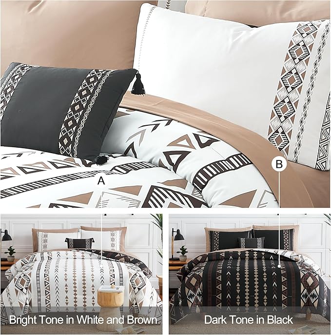 Geniospin Queen Comforter Set - 7 Pieces Reversible Bedding Set, Western Bed in A Bag, Lightweight Soft Aztec Bedding, All Season Bed Comforter Set with Sheets, Pillowcases & Shams
