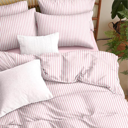 Nayoroom Pink Striped Comforter Set Queen Size White Stripe Comforter 3 Pieces Girls Soft Lightweight Pinstripe Dorm Bedding Set for All Seasons