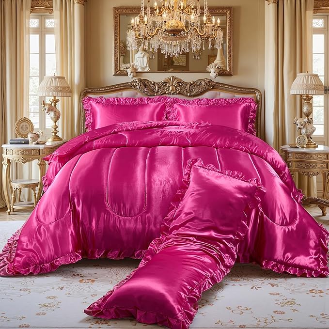 Hot Pink Queen Comforter Set Silk Like Satin Bedding Set 4 Pcs Hotel Soft Polyester Satin Bed Set Luxury Silky Body Pillow Cover Ruffle Down Comforter Home Decor