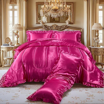 Hot Pink Queen Comforter Set Silk Like Satin Bedding Set 4 Pcs Hotel Soft Polyester Satin Bed Set Luxury Silky Body Pillow Cover Ruffle Down Comforter Home Decor