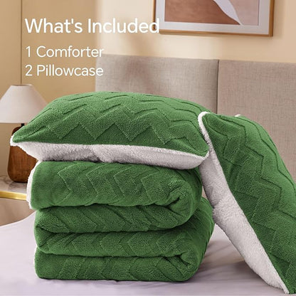 BEDELITE Fluffy King Size Comforter Set - Super Soft Sherpa Sage Green Comforter for King Size Bed, Luxury Warm Bedding Set for Winter, Fuzzy Bed Set 3 Pieces (1 Comforter, 2 Pillowcases)