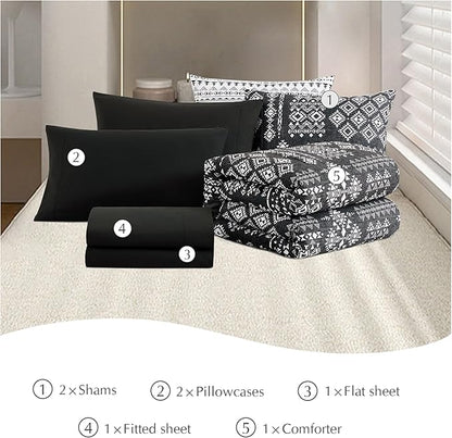 Geniospin Full Comforter Set - 7 Pieces Bed in a Bag, Comfortable Western Bedding Sets for All Seasons, Lightweight Soft Boho Comforter Bed Set with Sheets, Pillowcases & Shams