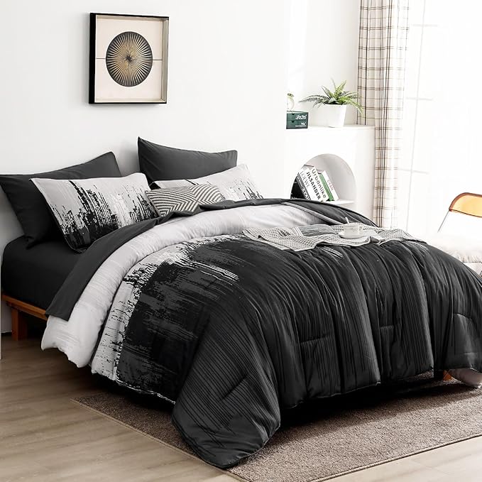 WONGS BEDDING Comforter Set King, Black Grey 7 Pieces Bed in a Bag Colorful Abstract Art Gradient Comforter Soft Microfiber Bedding Set with Comforter,Flat Sheet,Fitted Sheet,Pillow Shams,Pillowcases
