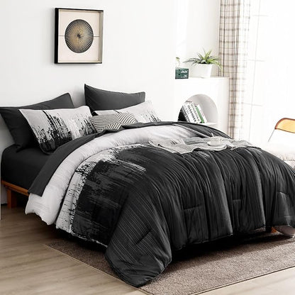 WONGS BEDDING Comforter Set King, Black Grey 7 Pieces Bed in a Bag Colorful Abstract Art Gradient Comforter Soft Microfiber Bedding Set with Comforter,Flat Sheet,Fitted Sheet,Pillow Shams,Pillowcases