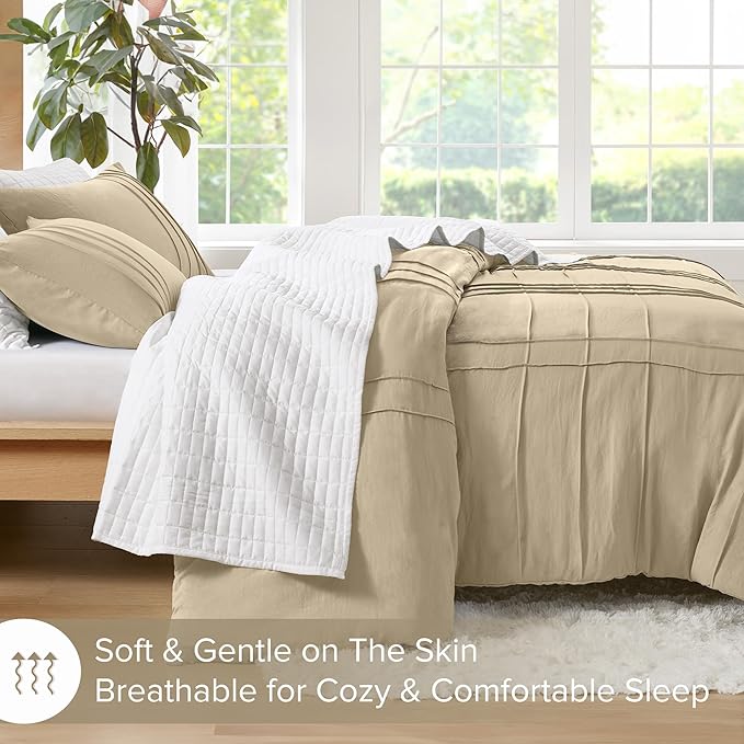 Comfort Spaces Khaki Cal King Size Comforter Set - 3 Pieces Pintuck Pleated Bedding Sets, All Season Lightweight, Extra Softness Pre-Washed Microfiber Cal King Bed Set, Shams, Cal King