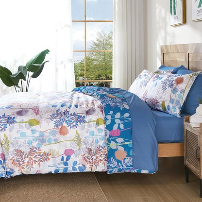 Anibedding Full Size Comforter Set, Blue Botanical Bed in a Bag Complete Set with Sheet Pillowcase for Kid's Bedroom All Season