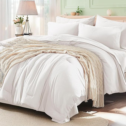 Anluoer White Queen Comforter Set 7 Pieces, Bed in a Bag with Sheets, All Season Bedding Sets with 1 Comforter, 2 Pillow Shams, 2 Pillowcases, 1 Flat Sheet, 1 Fitted Sheet