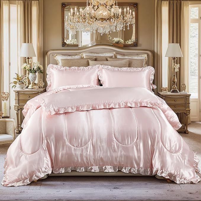 Pink Queen Comforter Set Silk Like Satin Bedding Set 4 Pcs Hotel Soft Polyester Satin Bed Set Luxury Silky Body Pillow Cover Ruffle Down Comforter Home Decor