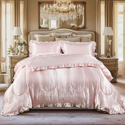 Pink Queen Comforter Set Silk Like Satin Bedding Set 4 Pcs Hotel Soft Polyester Satin Bed Set Luxury Silky Body Pillow Cover Ruffle Down Comforter Home Decor