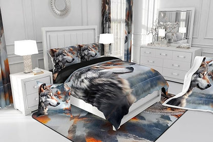 Erosebridal Hunting Wolf King Bedding Set,Wildlife Safari Comforter Set for Women Men Bedroom Decor,Rustic Mountain Theme Quilt Set Exotic Ethnic Bedding Comforter Sets,2 Pillowcases