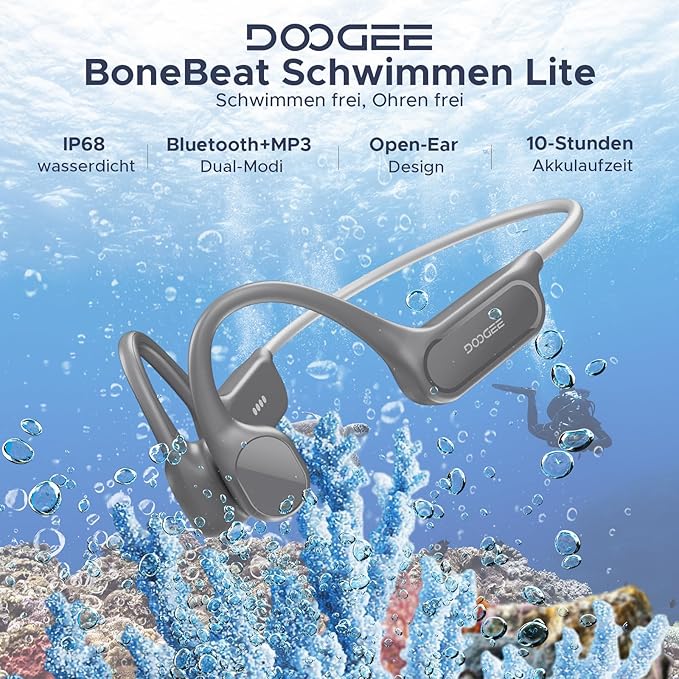 DOOGEE Bone Conduction IP68 Waterproof Swimming Headphones, 10H Battery Life Sports Running Wireless Bluetooth 5.4 Open Earphones with 32GB MP3 Dual Modes for Cycling, Underwater Swimming,Fitness