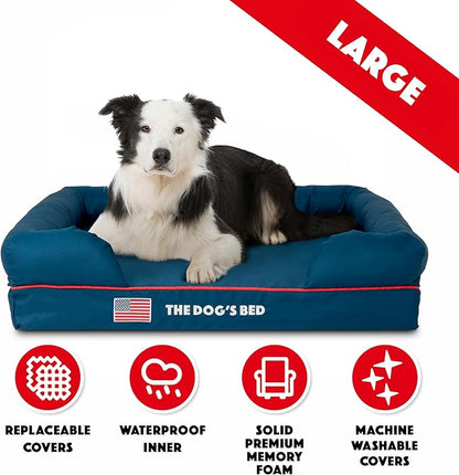 The Dog’s Bed Orthopedic Memory Foam Dog Bed with Bolsters, Oxford Fabric, Blue with Dark Red Trim, L