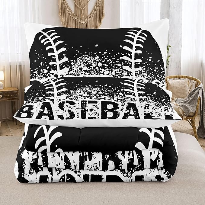 Bodhi Black and White Comforter Set,Sports Bedding Set for Kids,Boys Baseball Bedding Full Size,Kids Comforter Set with Pillowcases,Teen Boys Bedding Set Full Size