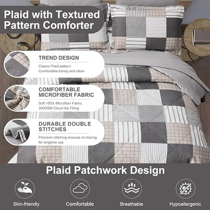Comforter Set Queen Size Plaid Patchwork Comforter Bedding-7 Piece Bed in a Bag,Soft Fluffy Reversible Microfiber Bedding Set(1 Comforter,1 Flat Sheet,1 Fitted Sheet,2 Pillowcases,2 Pillow Shams),Grey