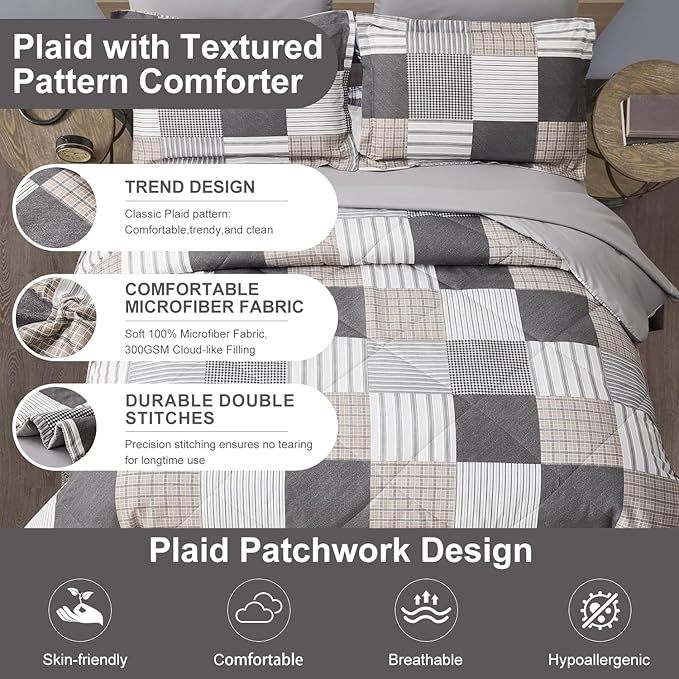 Comforter Set King Size Plaid Patchwork Comforter Bedding-7 Piece Bed in a Bag,Soft Fluffy Reversible Microfiber Bedding Set(1 Comforter,1 Flat Sheet,1 Fitted Sheet,2 Pillowcases,2 Pillow Shams),Grey