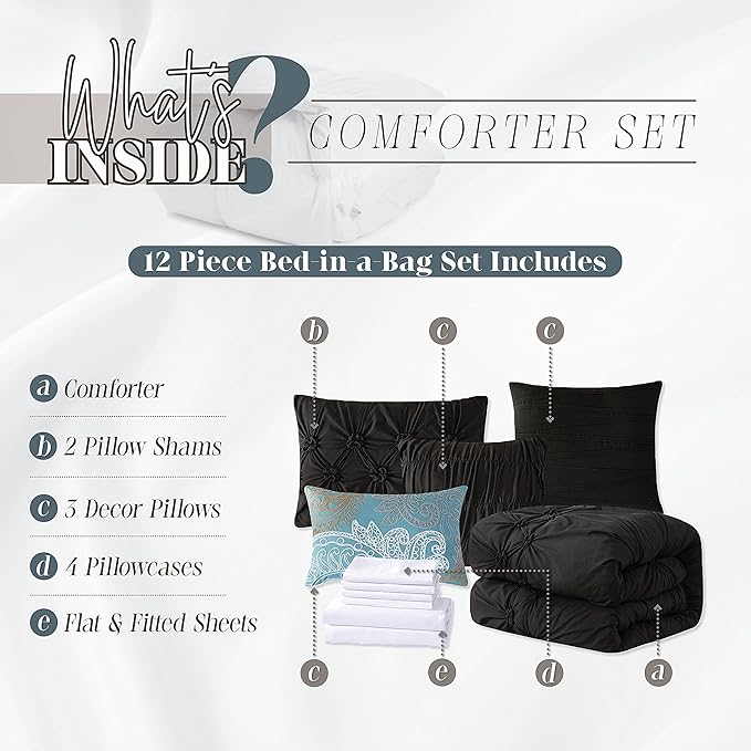 Elegant Comfort 12-Piece Bed-in-a-Bag, Ella Pleated Ruched Pintuck Comforter Set, 6-Piece Sheet Set Featuring Smart Pockets, Matching Decorative Pillows, All Season Bedding, Full, Black