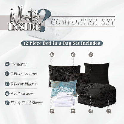 Elegant Comfort 12-Piece Bed-in-a-Bag, Ella Pleated Ruched Pintuck Comforter Set, 6-Piece Sheet Set Featuring Smart Pockets, Matching Decorative Pillows, All Season Bedding, Full, Black