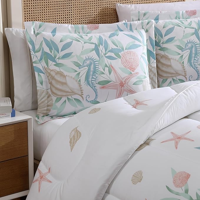 Caribbean Joe Full/Queen 3-Piece Comforter Set, Tropical Coastal Beach Design Bedding, Coastal Bouquet
