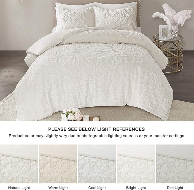 Madison Park Laetitia Comforter Bohemian Tufted Cotton Chenille, Medallion Shabby Chic All Season Down Alternative Bed Set with Matching Shams, Floral Off White Full/Queen(90"x90") 3 Piece