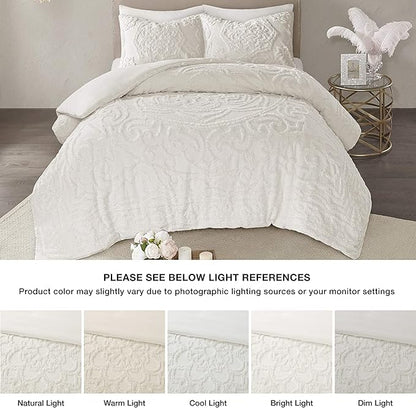 Madison Park Laetitia Comforter Bohemian Tufted Cotton Chenille, Medallion Shabby Chic All Season Down Alternative Bed Set with Matching Shams, Floral Off White King/Cal King(104"x92") 3 Piece