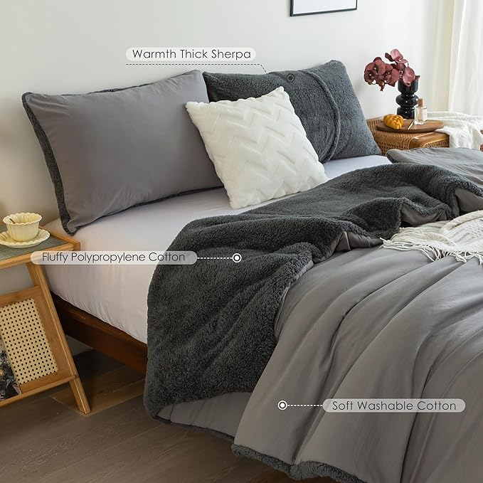 COTTEBED Warm Full Queen Comforter Set Reversible Sherpa Comforter and Pillow Shams, Soft Cozy Fluffy Washed Cotton Lightweight Bedding Down Comforter Queen Set Size for Bedroom Winter Christmas,Brown