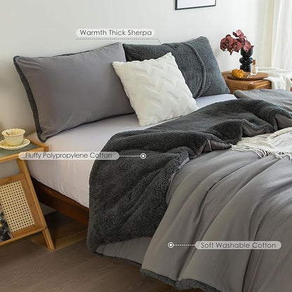 COTTEBED Warm Full Queen Comforter Set Reversible Sherpa Comforter and Pillow Shams, Soft Cozy Fluffy Washed Cotton Lightweight Bedding Down Comforter Queen Set Size for Bedroom Winter Christmas,Brown