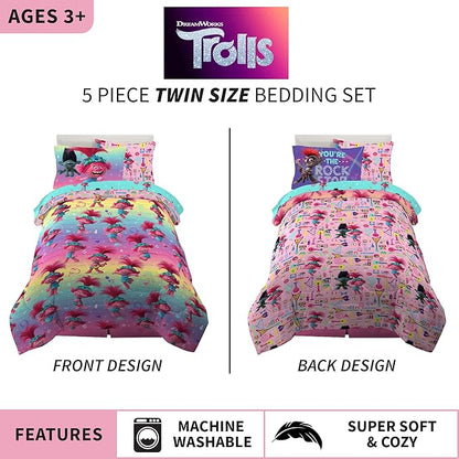 Franco Kids Bedding Soft Comforter and Sheet Set with Sham, 5 Piece Twin Size, Trolls World Tour