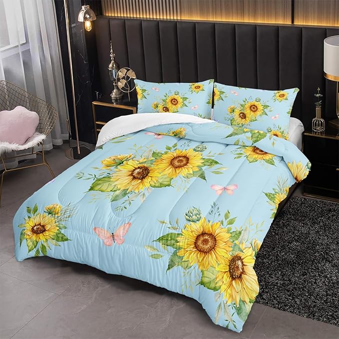 Sunflower Blue Comforter Set Queen Size for Women Adults,3 Piece Butterfly Floral Bedding Set,Microfiber Quilts with 2 Shams Soft Lightweight Quilt Room Decor,Blue