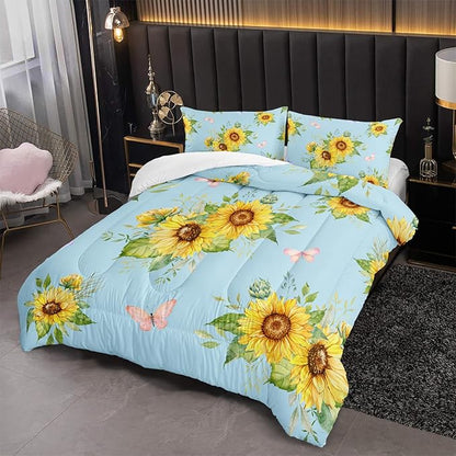 Sunflower Blue Comforter Set Queen Size for Women Adults,3 Piece Butterfly Floral Bedding Set,Microfiber Quilts with 2 Shams Soft Lightweight Quilt Room Decor,Blue