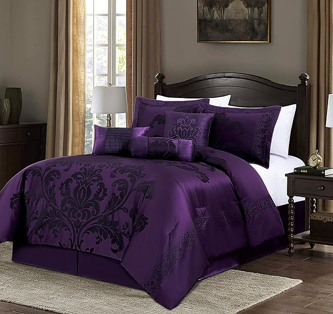 Chezmoi Collection Royale 7-Piece Jacquard Floral Comforter Set, Oversized Queen, Purple/Dark Purple
