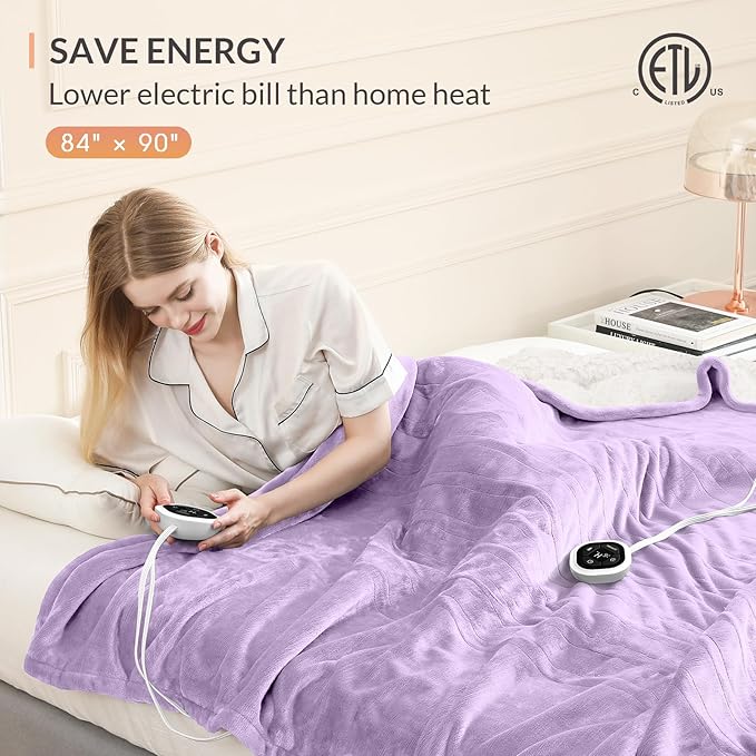 HOMLYNS LuxeHeat Heated Blanket Electric Blanket Queen Size, Soft Flannel Sherpa Heating Blanket with 10 Heat Settings, 1-10 hrs Timer Auto Shut Off (84x90 inches, Purple)