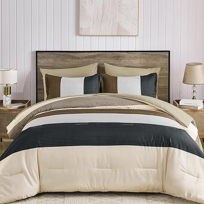 Anibedding 7 Pieces Striped Queen Size Comforter Set, Brown Black Soft Microfiber Down Alternative Farmhouse Bedding All Season with Comforter, Pillow Shams, Flat Sheet, Fitted Sheet and Pillowcases
