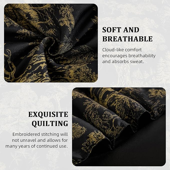 DJY Black Comforter Set King, 7 Pieces Black and Gold Botanical Comforters King Size Bed in a Bag Elegant Plants Print with Sheets Soft Microfiber Complete Bedding Sets for All Season
