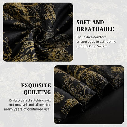 DJY Black Comforter Set Queen, 7 Pieces Black and Gold Botanical Comforters Bed in a Bag Queen Size Elegant Plants Print Bedding with Comforter, Flat Sheet, Fitted Sheet, Pillow Shams Pillowcases