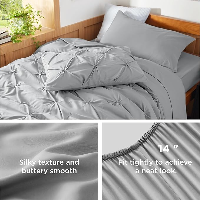 Bedsure Twin XL Comforter Set - Extra Long 5 Pieces Dorm Bedding Sets, GentleSoft™ Pinch Pleat Grey Bed in a Bag with Pintuck Comforter, Sheets, Pillowcase & Sham