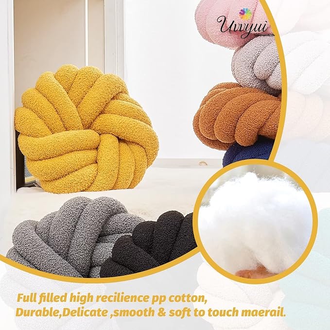 Uvvyui Knot Pillows, 14 Inch Decorative Throw Pillows Round Pillows Cushion, Soft Handmade Knotted Ball Pillow Plush Cushion Home Decor for Bed Couch Living Room (Dark Yellow, 14 Inch)