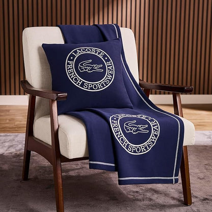 Lacoste Sportswear Decorative Pillow – 16" x 16" Square Throw Pillow for Bed Sofa Couch, Embroidered Crocodile Logo, Ultra Soft Sweatshirt Knit Cotton and Polyester Blend, Machine Washable, Navy