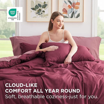 Bedsure Queen Comforter Set - 7 Pieces Burgundy Queen Bedding Set for All Seasons, Boho Contrasting Design Bed in a Bag with Comforter, Sheets, Pillowcases & Shams