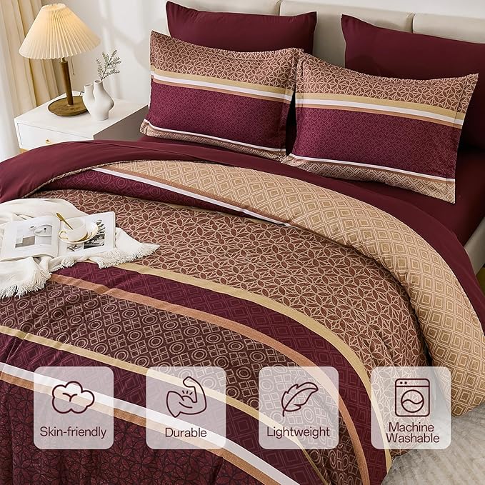 WONGS BEDDING Burgundy Comforter Set King Size,7 Pieces Maroon Striped Bed in a Bag Comforter and Sheet Set,Patchwork Soft Lightweight Micorfiber Bedding Set for All Seaon (90"×104")