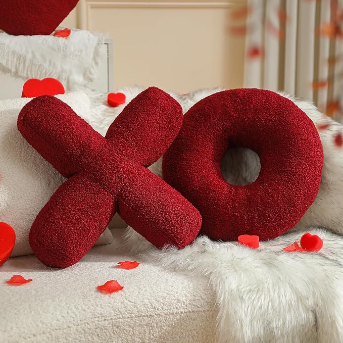 EastTree XO Pillows, Valentines Love XO Shaped Pillow, Wine Red Throw Pillows, Love Pillow Gifts, Ultra Soft Teddy Fleece Wedding Pillows, Women Girls Kid Room Decor, Valentine's Day Decor 14x14 Inch