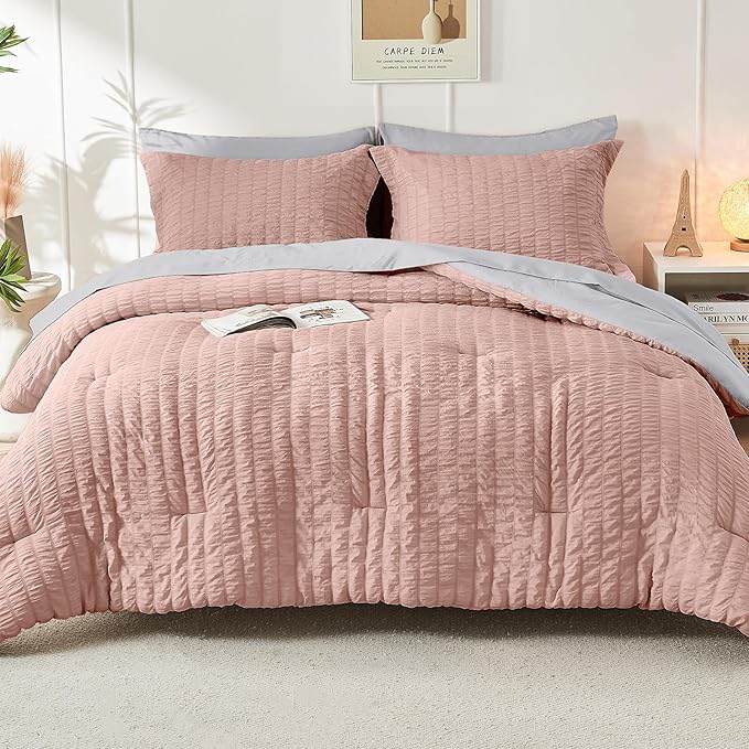 HYMOKEGE Rose Gold/Light Grey King Size Comforter Set Seersucker 7 Pieces, All Season Luxury Bed in a Bag for Bedroom, Bedding Set with Comforter, Sheets, Pillowcases & Shams