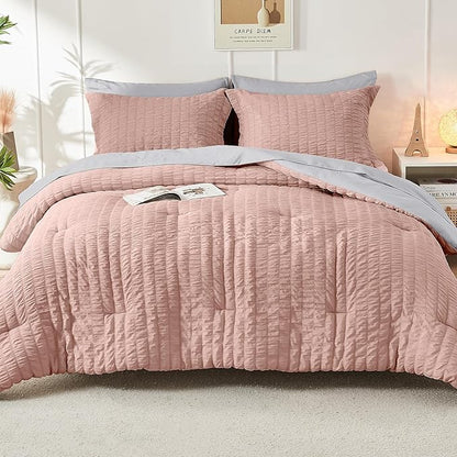 HYMOKEGE Rose Gold/Light Grey Twin XL Comforter Set Seersucker 5 Pieces, All Season Luxury Bed in a Bag for Bedroom, Bedding Set with Comforter, Sheets, Pillowcase & Sham