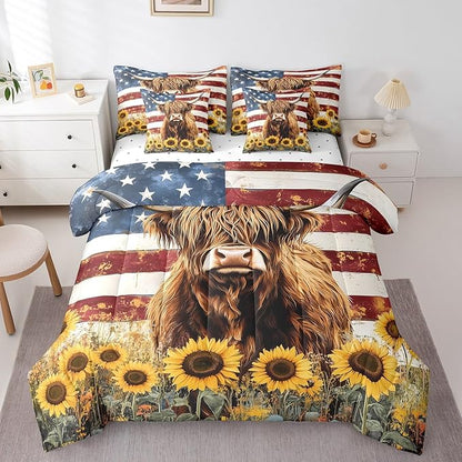 Country Highland Cow Comforter Sets Vintage Retro American Flag Bedding Rustic Farmhouse Animal Sunflower Decor Comforter + Flat Sheet + Fitted Sheet + 2 Pillowcases + 2 Throw Pillow Covers, Twin