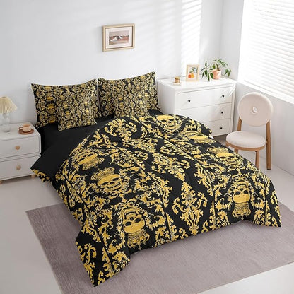 Erosebridal Sugar Skull 7 Piece Comforter Set Full Bed in a Bag,Gothic Bedding Set,Black Yellow Damask Bohemian Vintage Floral Comforter and Sheet Set,Goth Skeleton Antique Victorian Baroque Decor