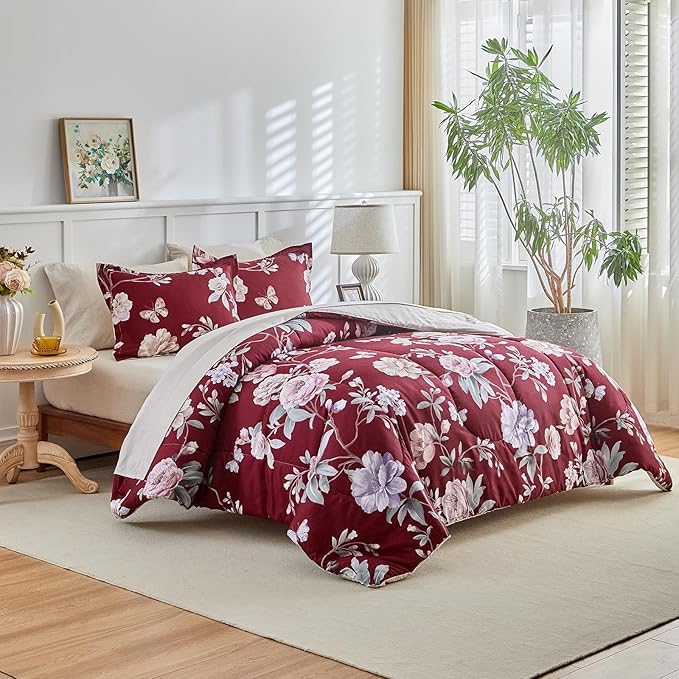 Joyreap 3pcs Floral Comforter Set King, Blue n Pink Flowers on Burgundy Red Design, Microfiber Lightweight Bedding Christmas Comforter Set for All Season