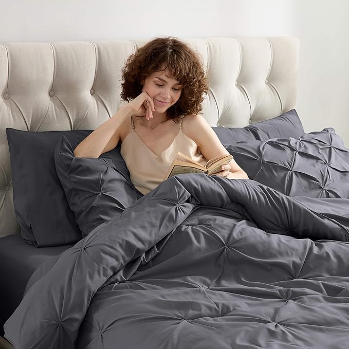 Nestl 7 Piece Comforter Set - Pinch Pleated King Comforter, Dark Grey, All Season King Bed Set, Bedding Set with Flat Sheet, Fitted Sheet, Pillowcases and Shams