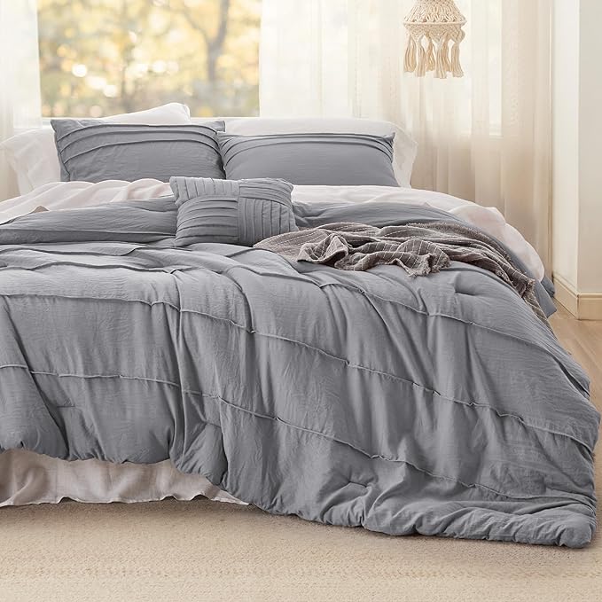 Bedsure Full Comforter Set - 4 Pieces Pinch Pleat Bed Set, Grey Boho Bedding for All Season, 1 Soft Comforter, 2 Pillowcases, 1 Decorative Pillow