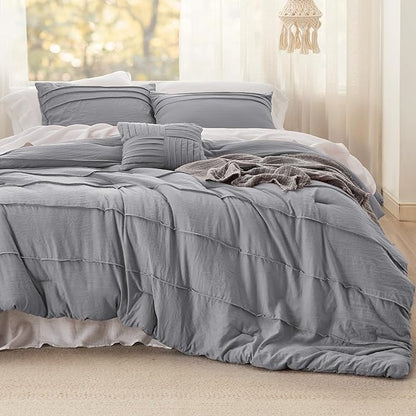 Bedsure Full Comforter Set - 4 Pieces Pinch Pleat Bed Set, Grey Boho Bedding for All Season, 1 Soft Comforter, 2 Pillowcases, 1 Decorative Pillow