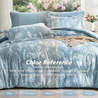 MUXHOMO Mineral Blue Full Comforter Set, Elegant Floral Print Bed in a Bag 7 Pieces, Ultra Soft & Breathable Reversible Botanical Pattern Bedding Set with Comforter, Sheets, Pillowcases, and Shams