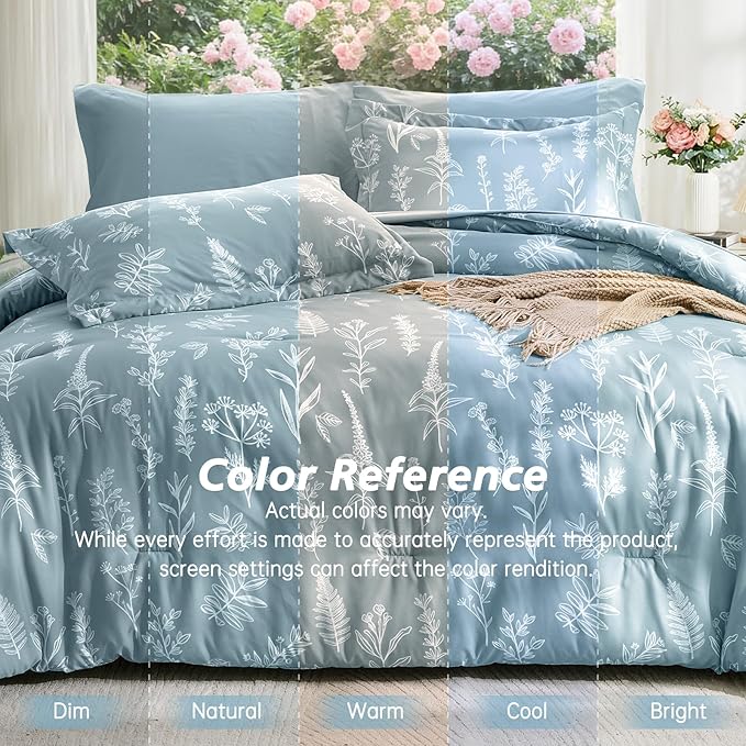 MUXHOMO Mineral Blue Cal King Comforter Set, Elegant Floral Print Bed in a Bag 7 Pieces, Ultra Soft & Breathable Reversible Botanical Pattern Bedding Set with Comforter, Sheets, Pillowcases, and Shams